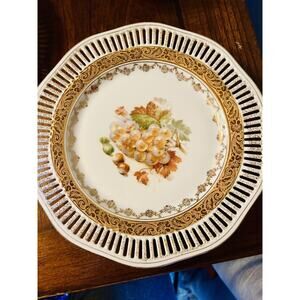 Set of 2 Reticulated Pierced Porcelain Dessert Plates Grapes &Apple Gold Germany